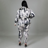 Plus Size Casual Printed Shirt Top And Pants 2 Piece Sets NNWF-7395
