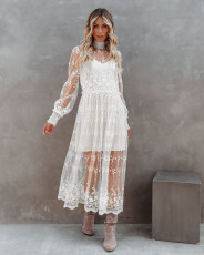 White Lace See Through Long Sleeve Maxi Dress ME-5046
