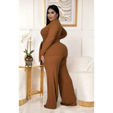 Plus Size Solid Long Sleeve Two Piece Pants Set ASL-7058