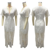 White Lace V Neck High Waist Short Sleeve Maxi Dress ME-5036