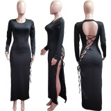 Solid Backless Lace Up Split Sexy Maxi Dress ZNF-9122