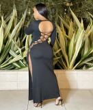 Solid Backless Lace Up Split Sexy Maxi Dress ZNF-9122