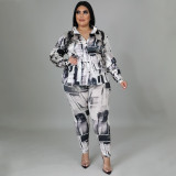 Plus Size Casual Printed Shirt Top And Pants 2 Piece Sets NNWF-7395