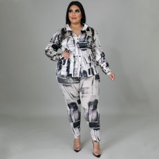 Plus Size Casual Printed Shirt Top And Pants 2 Piece Sets NNWF-7395