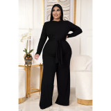 Plus Size Solid Long Sleeve Two Piece Pants Set ASL-7058