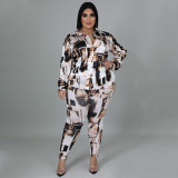 Plus Size Casual Printed Shirt Top And Pants 2 Piece Sets NNWF-7395