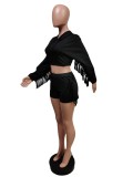 Solid Tassel Hooded Long Sleeve 2 Piece Shorts Set MEM-88408