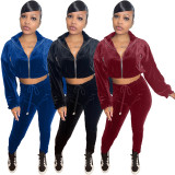 Solid Zipper Coat And Pants Two Piece Sets XMY-9333