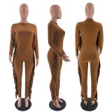 Solid Tassel Long Sleeve Skinny Jumpsuit YN-88830