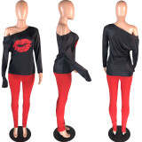 Autumn New Lip Print Long Sleeve Top Leggings Jogger Sweatpant Clubwear Suit WAF-7038