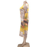 Plus Size Printed Long Sleeve Slim Maxi Dress OSIF-21401