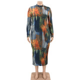 Plus Size Printed Long Sleeve Slim Maxi Dress OSIF-21401
