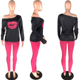 Autumn New Lip Print Long Sleeve Top Leggings Jogger Sweatpant Clubwear Suit WAF-7038