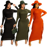Solid Tassel Long Sleeve Maxi Dress (Without Belt) MA-Y461