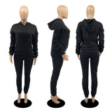 Solid Fleece Ruched Sleeve Hoodies Casual 2 Piece Sets DDF-88143