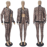 Snake Skin Print Zipper Coat+Tube Top+Pants 3 Piece Sets SHD-9356