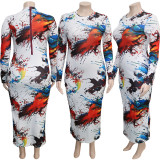 Plus Size Printed Full Sleeve Long Dresses (Without Belt) ONY-5111