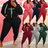 Plus Size Fleece Letter Print Hooded 2 Piece Sets WAF-773301