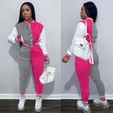 Casual Patchwork Baseball Jacket And Pants 2 Piece Sets OY-6316