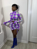 Plaid Print Zipper Coat+Bra Top+Mini Skirt 3 Piece Sets WY-6870