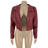 Plus Size PU Leather Long Sleeve Zipper Jacket FNN-8654