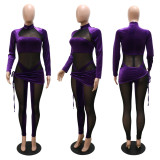 Sexy Velour Mesh Patchwork Long Sleeve Jumpsuit CYA-9380