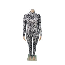 Plus Size Printed Long Sleeve Jumpsuit (Without Belt) MUKF-067