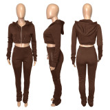 Solid Fleece Zipper Hoodies Stacked Pants 2 Piece Sets ME-S992
