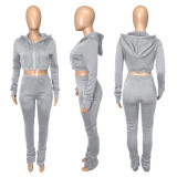 Solid Fleece Zipper Hoodies Stacked Pants 2 Piece Sets ME-S992