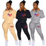 Pink Letter Print Casual Sports Two Piece Pants Set NYF-8096
