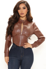 PU Leather Long Sleeve Zipper Jacket MK-3069