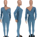 Solid Sexy Ribbed V Neck Long Sleeve Jumpsuit HTF-6080