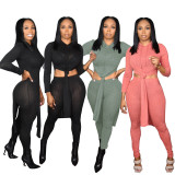 Solid Hooded Split Long Sleeve Top And Pants 2 Piece Sets MX-9126