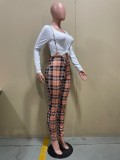 Casual Long Sleeve Top+Plaid Sling Jumpsuit 2 Piece Sets OLYF-96084