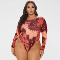 Plus Size Tie Dye Print Long Sleeve Tight Bodysuit OSIF-232