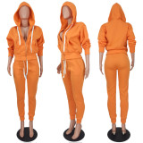 Solid Fleece Hooded Zipper Two Piece Pants Sets QZYD-1104