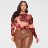 Plus Size Tie Dye Print Long Sleeve Tight Bodysuit OSIF-232