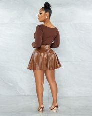 Solid Long Sleeve Top+PU Leather Mini Skirt 2 Piece Sets SXF-21103