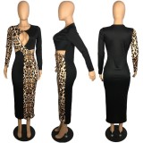 Leopard Patchwork Hollow Out Long Sleeve Midi Dress PIN-8636