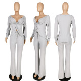 Solid Long Sleeve Knotted Two Piece Pants Set PIN-8637