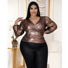 Plus Size Solid V Neck Long Sleeve Top ASL-7062