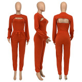 Solid Long Sleeve Crop Top+Camisole+Pants 3 Piece Sets GLF-10078
