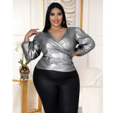 Plus Size Solid V Neck Long Sleeve Top ASL-7062