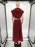Plus Size Solid Fleece Hooded Top Split Long Skirt 2 Piece Sets WAF-77385