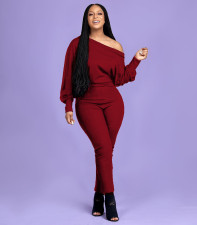 Plus Size Solid Off Shoulder Long Sleeve Jumpsuit OMY-80083