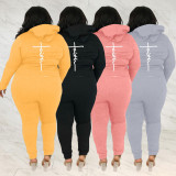 Plus Size Letter Print Hooded Zipper Two Piece Sets WAF-77392