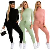 Solid High Collar Long Sleeve Slim Two Piece Sets HNIF-069
