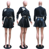Plus Size Baseball Jacket+PU Leather Mini Skirt Two Piece Sets OD-8470