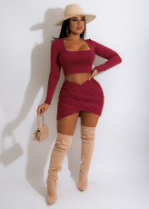 Solid Long Sleeve Mini Skirt Two Piece Sets MZ-2694