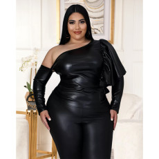 Plus Size PU Leather Off Shoulder Ruffle Top ASL-7063